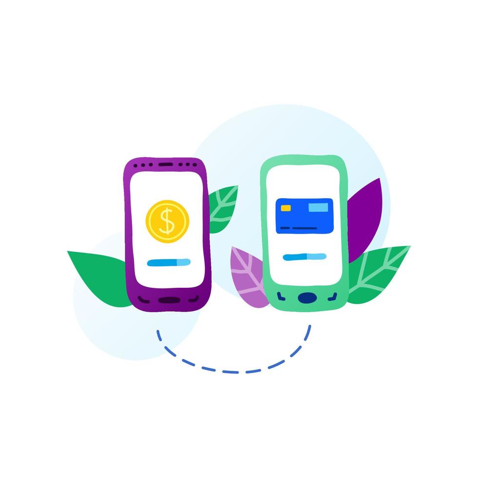 Flat doodle smartphones with dollar coin and bank card on screen, leaves around in purple, blue, green colors isolated on white background. Mobile payments concept. vector