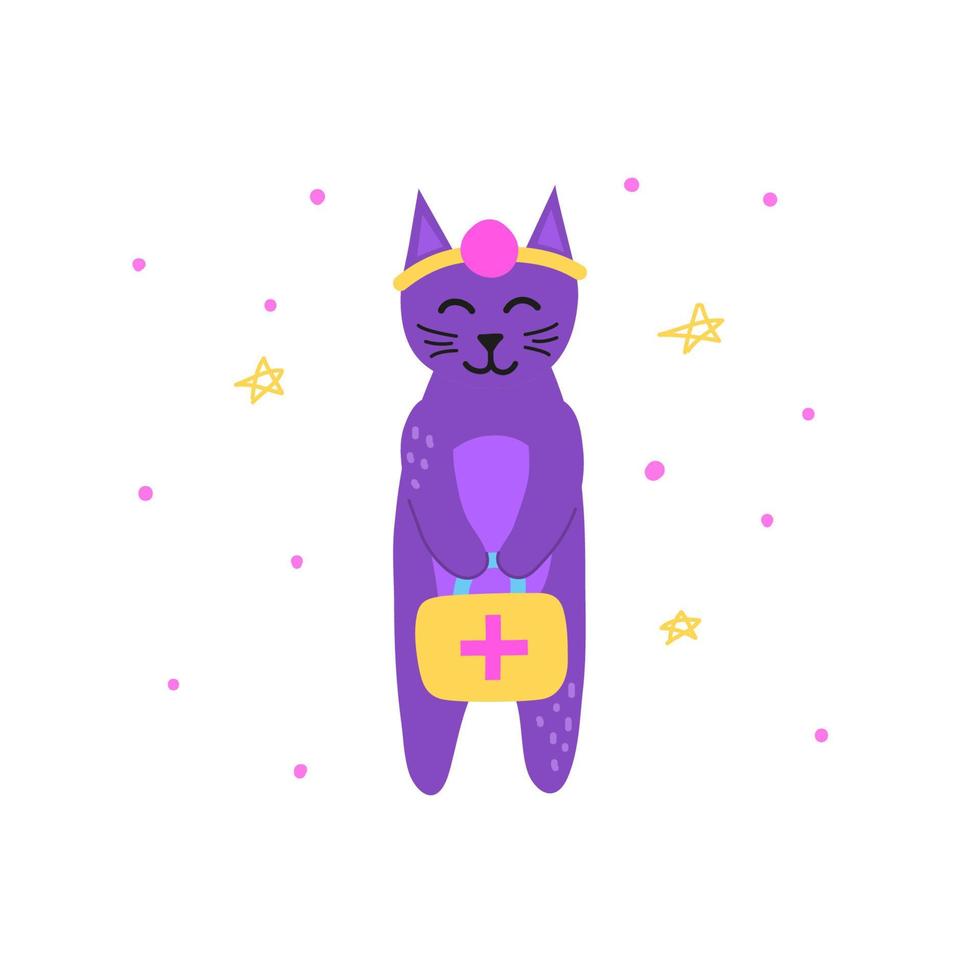 lindo personaje de gato doctor violeta garabato con botiquín de primeros auxilios aislado sobre fondo blanco. vector