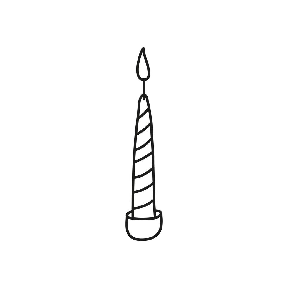 Doodle outline decorative burning striped candle isolated on white background. vector
