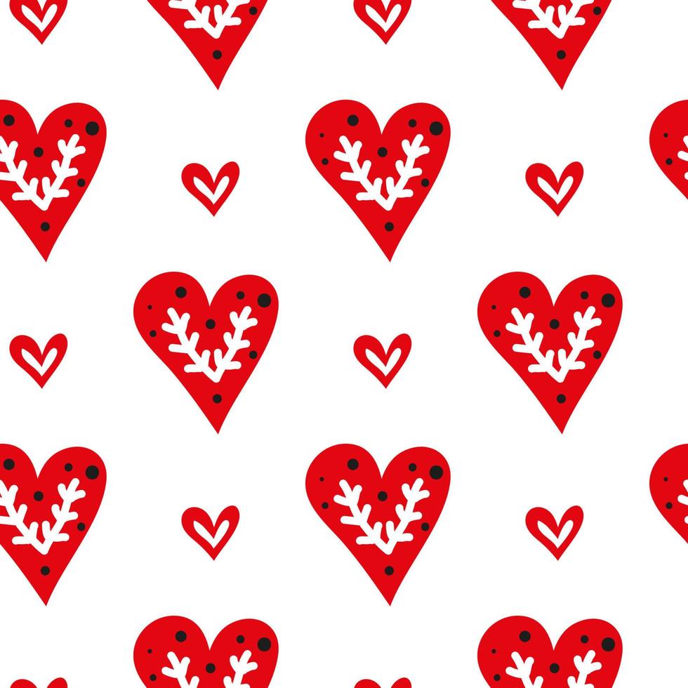 White seamless pattern with doodle red hearts and Nordic ornament in Scandinavian folk art style. vector