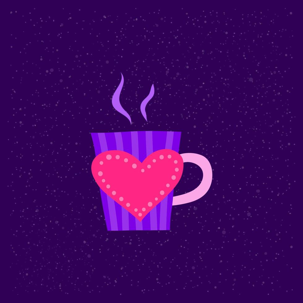 Colorful doodle hot drink in cup with heart isolated on purple background. vector