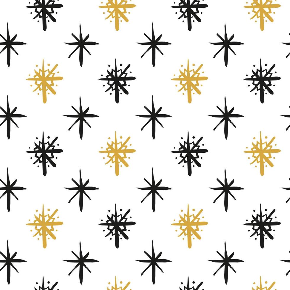 Black, golden and white seamless pattern with hand drawn scribble ink snowflakes. vector
