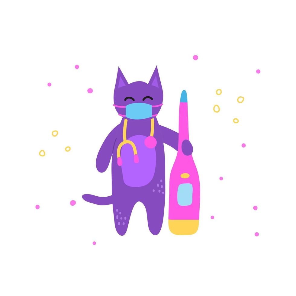 lindo garabato pequeño personaje de gato doctor violeta con termómetro grande aislado sobre fondo blanco. vector