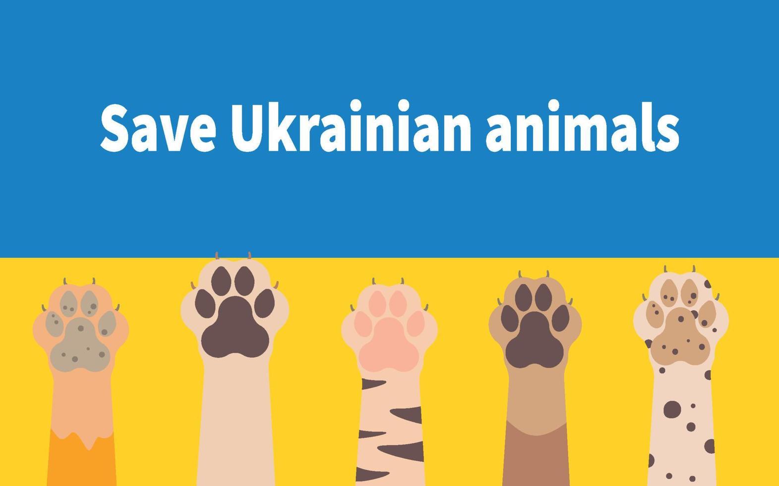 salvar a los animales ucranianos. patas de animales en el fondo de la bandera ucraniana. ilustración vectorial vector