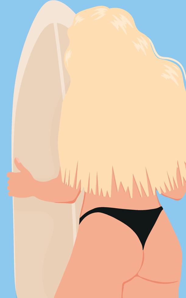 chica en la playa. linda chica con una tabla de surf. chica en traje de baño negro. ilustración vectorial vector