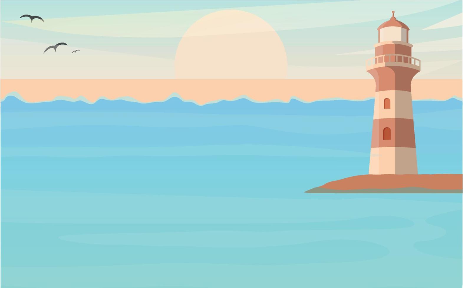 Lighthouse by the sea. Seascape, signal building by the sea. Coast landscape with lighthouse. Vector illustration