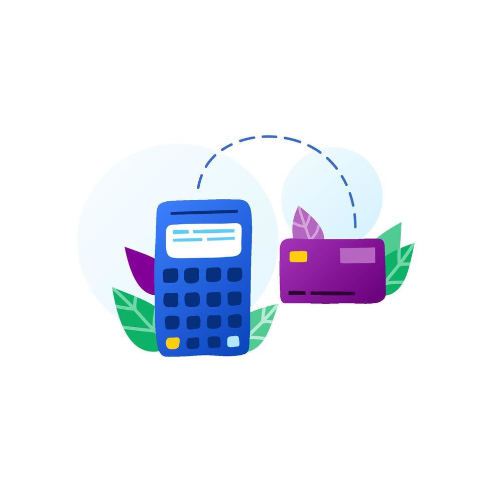 Flat doodle terminal, bank card and leaves in purple, blue, green colors isolated on white background. Money transactions and payments concept. vector