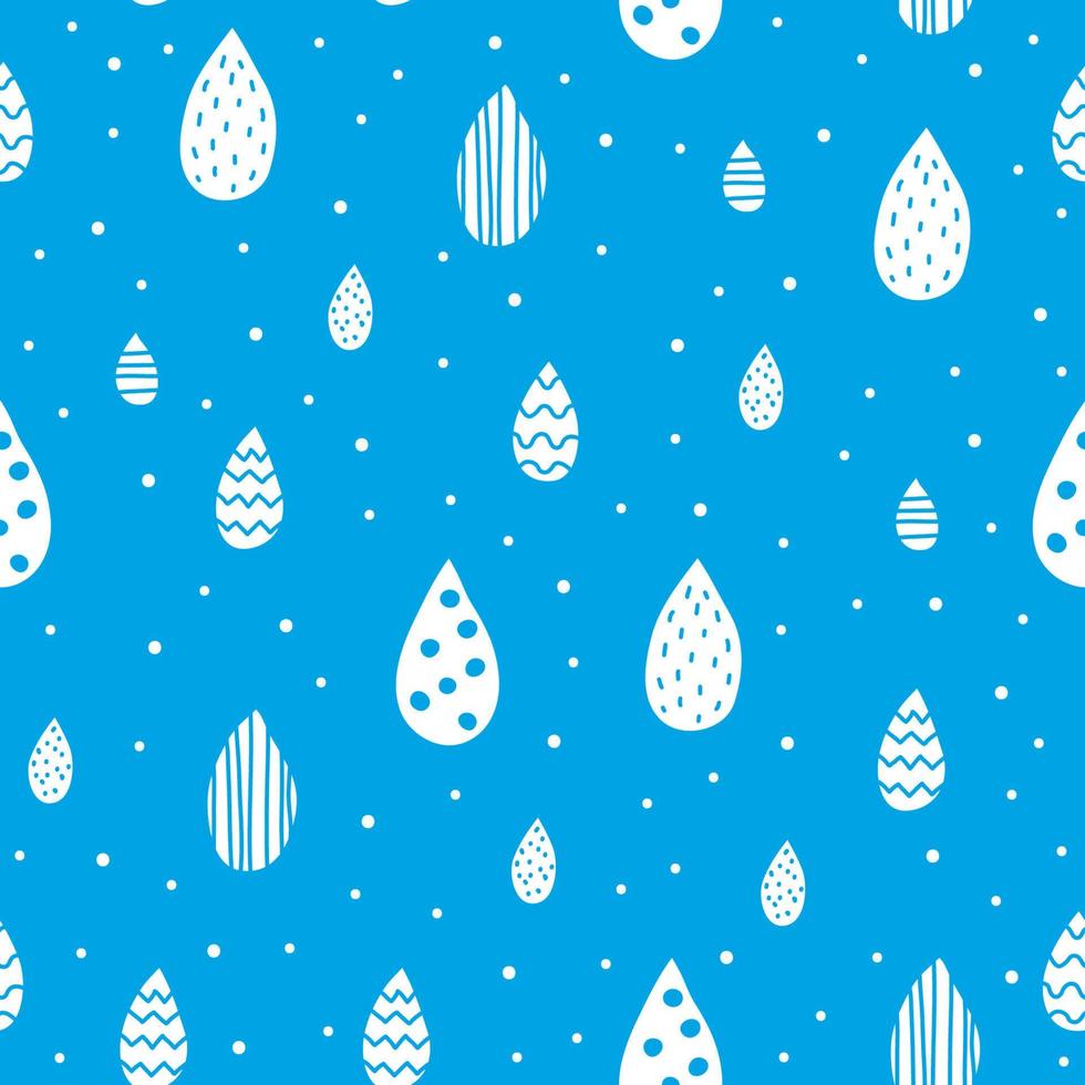 Blue seamless pattern with doodle white decorative rain drops. vector