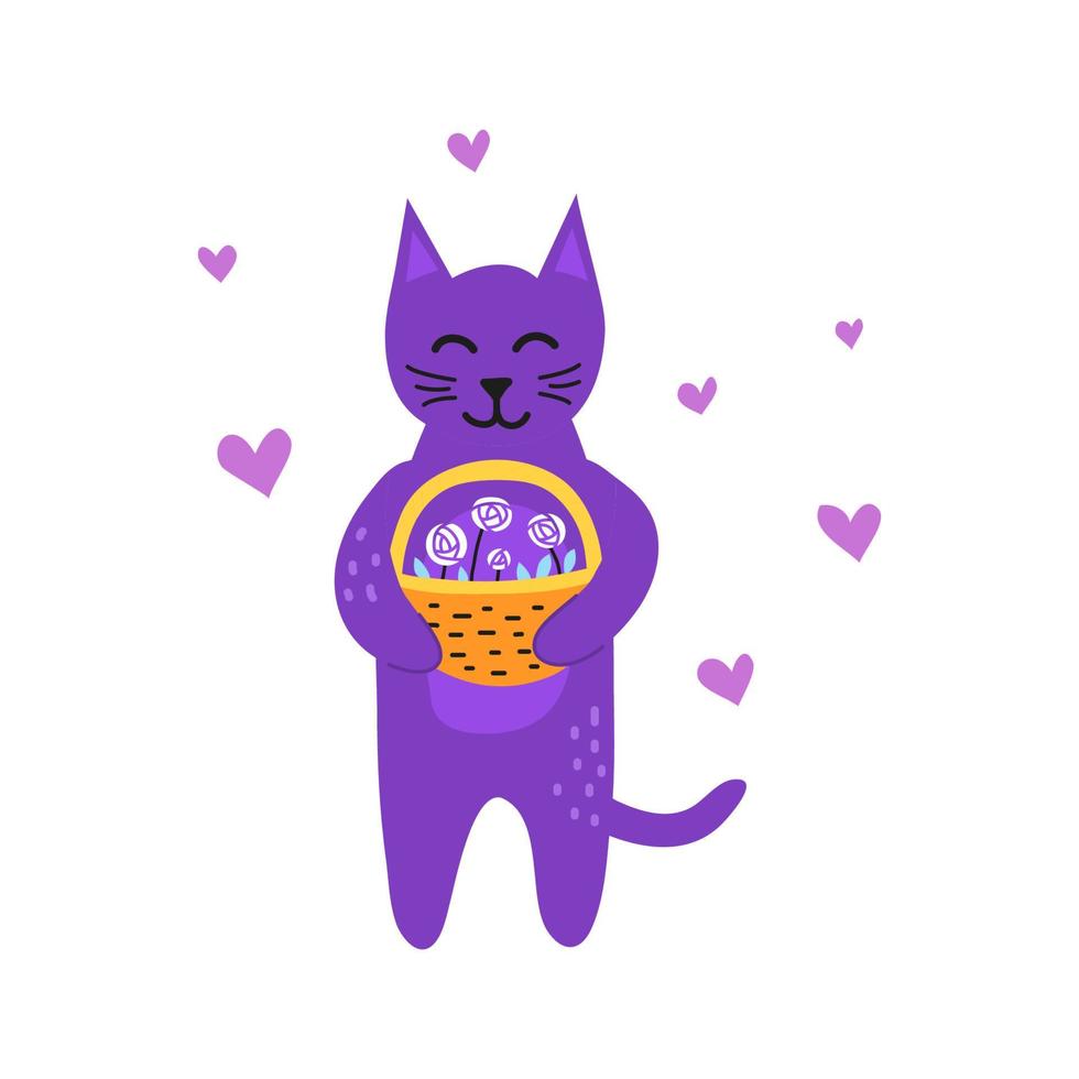 Cute doodle violet cat with a busket of rose flowers and hearts around isolated on white background. Can be used for children s prints, cards, posters, veterinarian clinics arts. vector