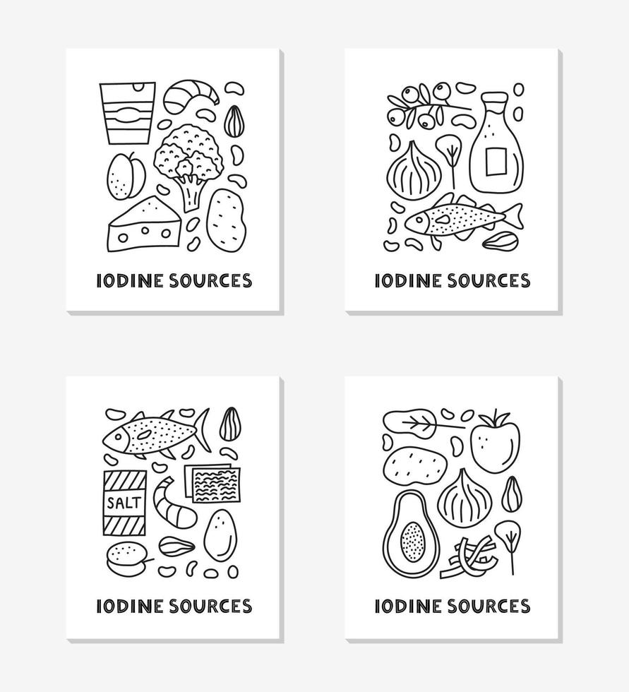 Cards with lettering and doodle outline iodine food sources including cod, tuna fish, salt, broccoli, yogurt, milk, eggs, prunes, seaweed, shrimps, papaya, cheese isolated on grey background. vector