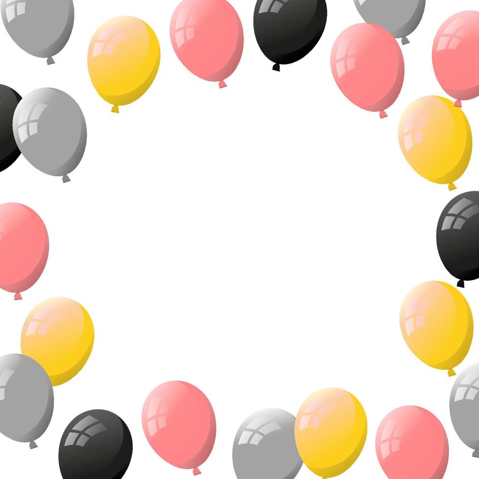 fondo blanco con marco de globos planos de helio en colores dorado, plateado, rosa y negro. vector