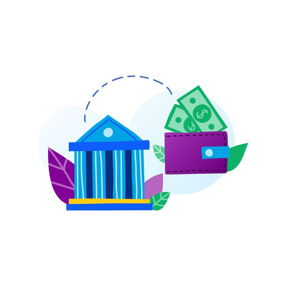 icono de banco de garabatos plano, billetera con billetes de dólar y hojas en colores púrpura, azul y verde aislados en fondo blanco. concepto de transacciones y pagos de dinero. vector