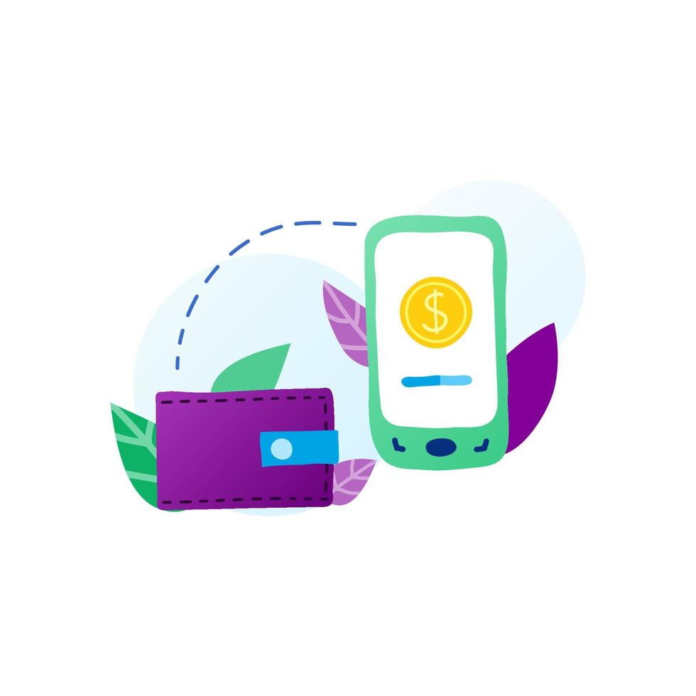 Flat doodle wallet, smartphone with dollar coin on screen and leaves in purple, blue, green colors isolated on white background. Money transactions and payments concept. vector