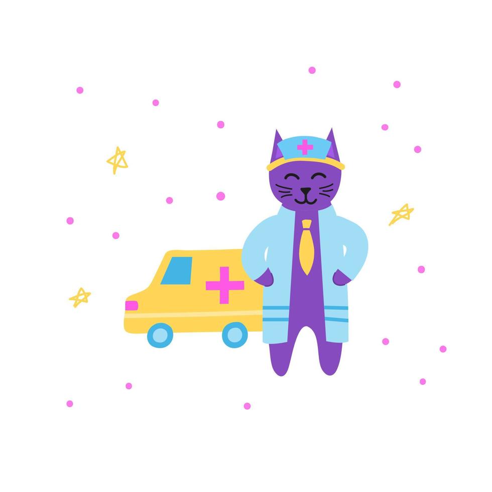 Cute doodle violet doctor cat character in medical bathrobe with ambulance car isolated on white background. vector