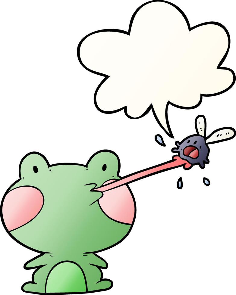 cute cartoon frog catching fly and tongue and speech bubble in smooth gradient style vector