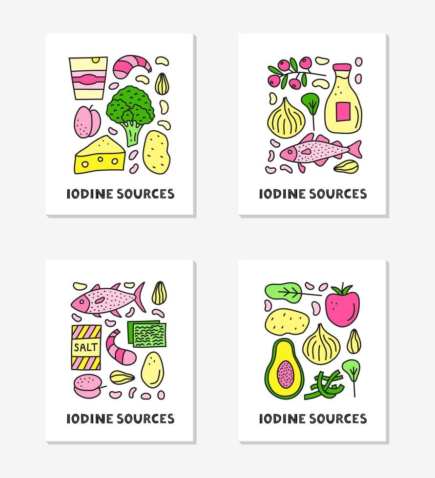 tarjetas con letras y fuentes de alimentos de yodo de color garabato que incluyen bacalao, atún, sal, brócoli, yogur, leche, huevos, ciruelas pasas, algas, camarones, papaya, queso aislado en fondo gris. vector