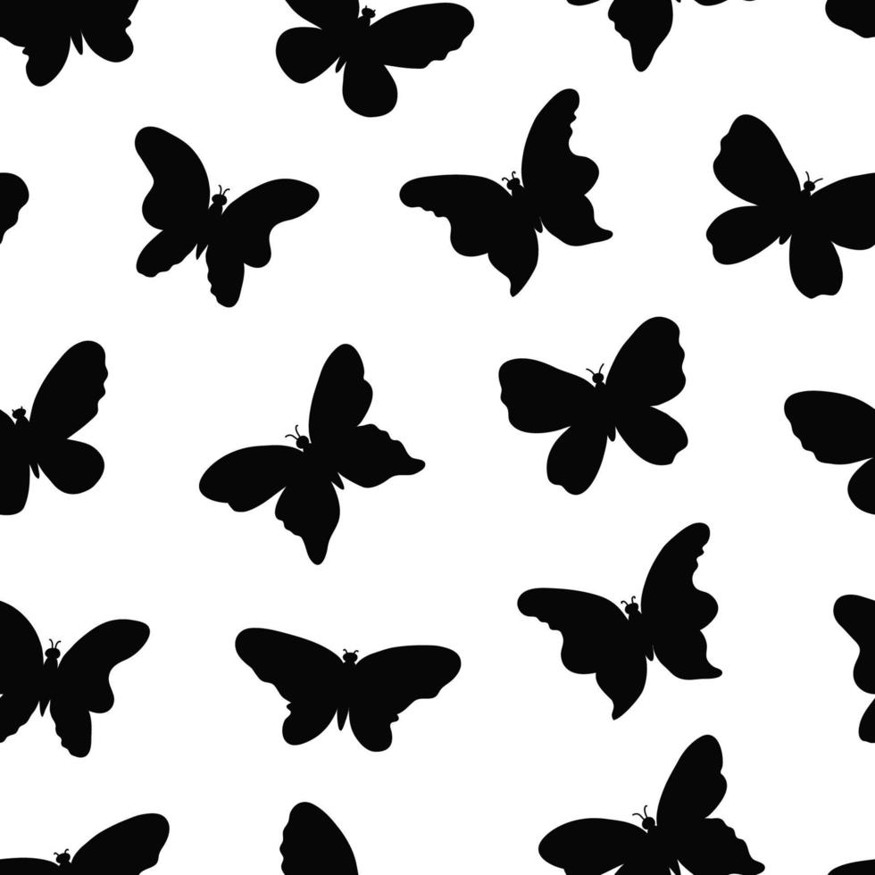 Black and white simple seamless pattern with doodle butterflies silhouettes. vector