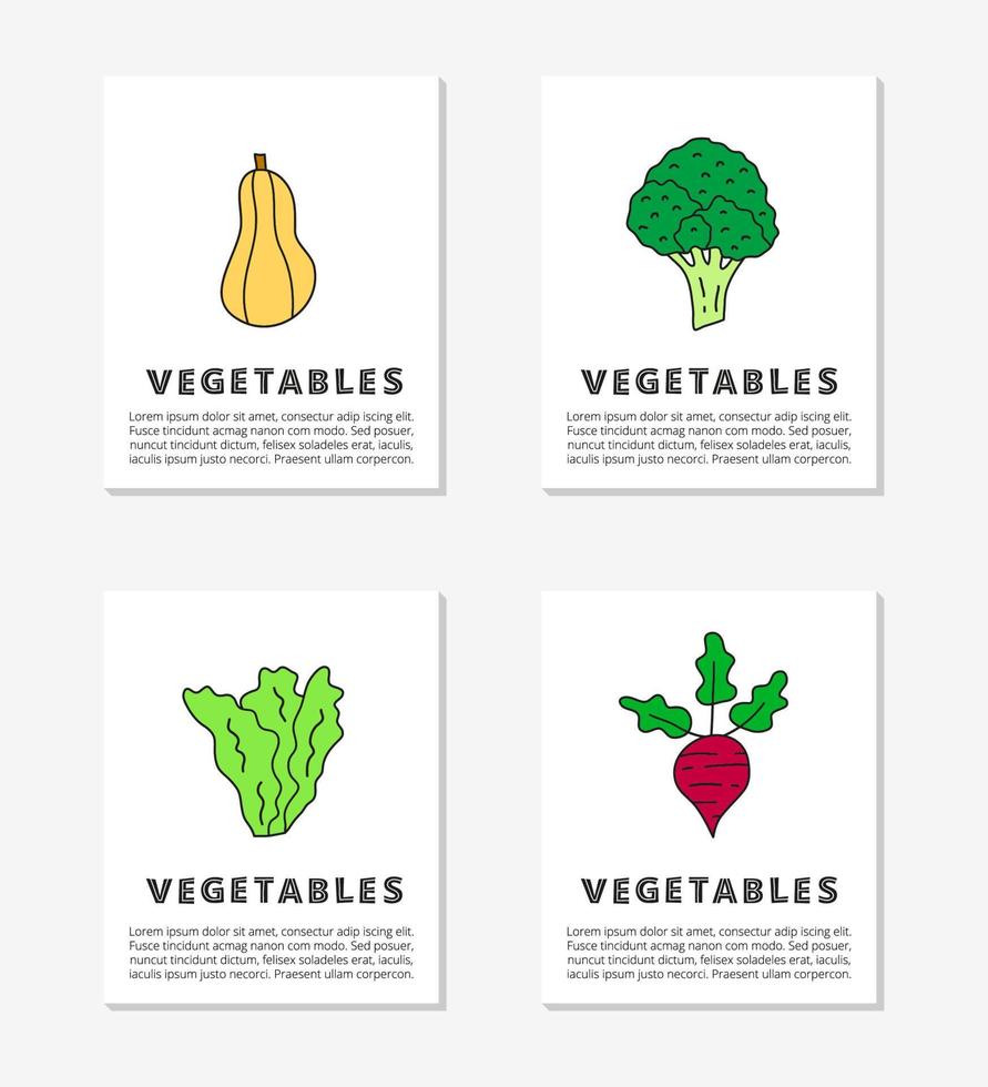 tarjetas con texto y lindos íconos vegetales de comida de color garabato que incluyen brócoli, nuez moscada, lechuga y remolacha. vector