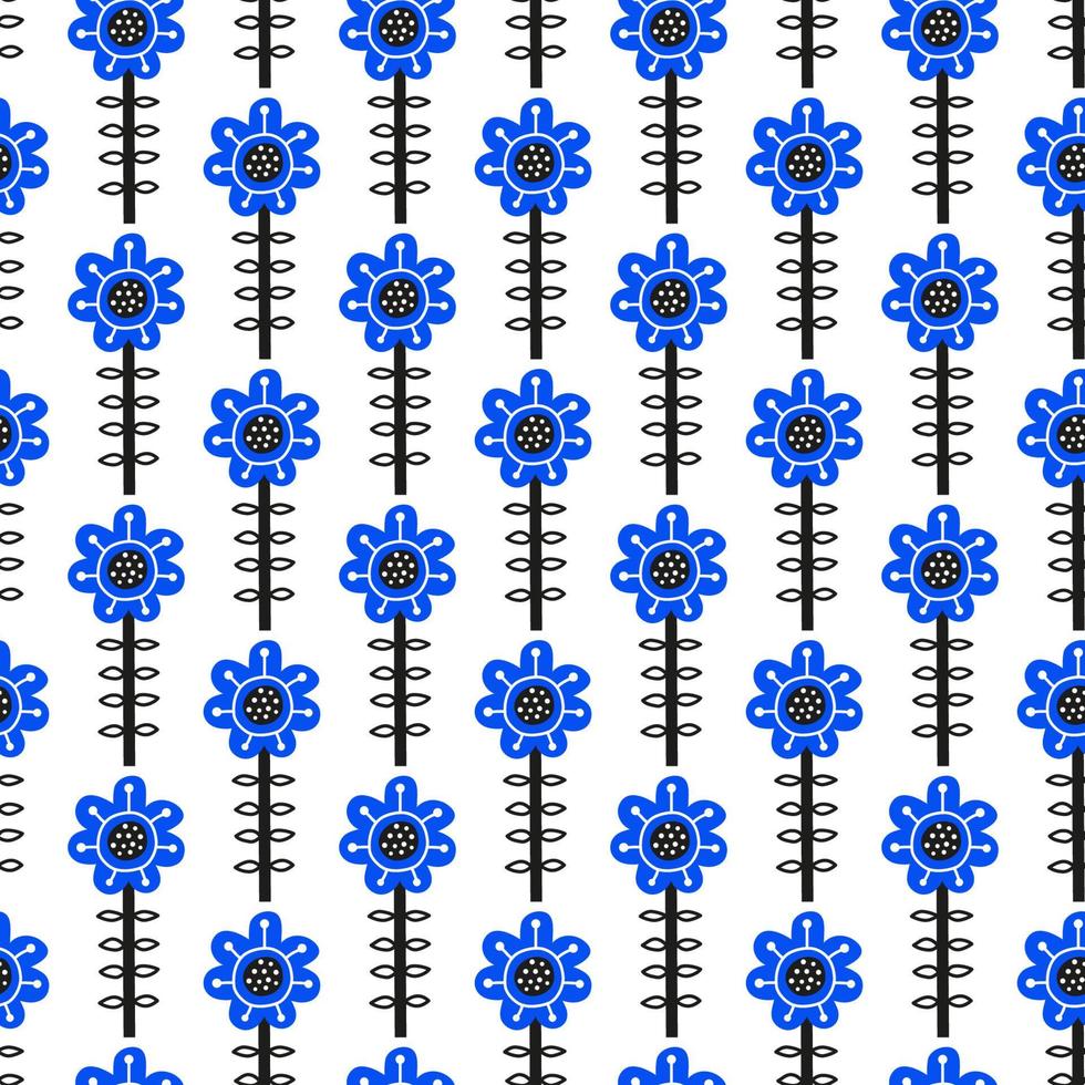 White seamless pattern with doodle blue flowers in Scandinavian folk art style. vector