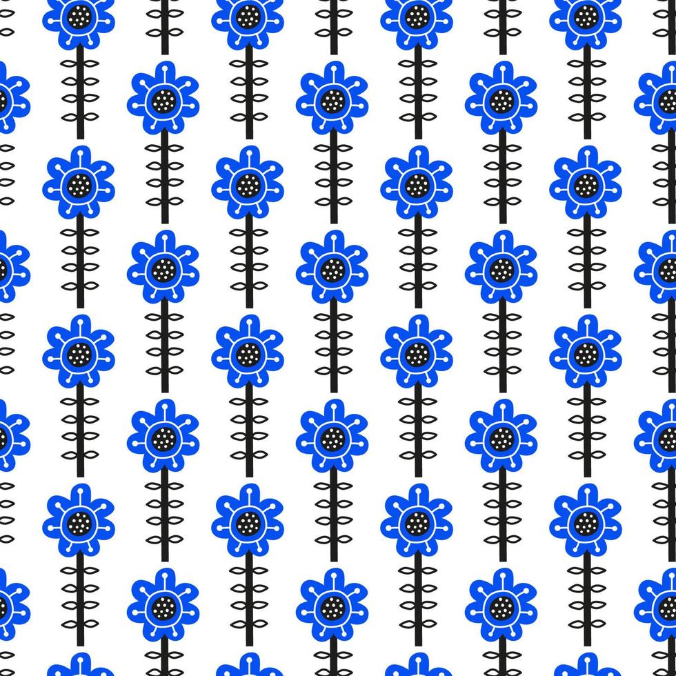 patrón blanco sin costuras con flores azules de garabato en estilo de arte popular escandinavo. vector