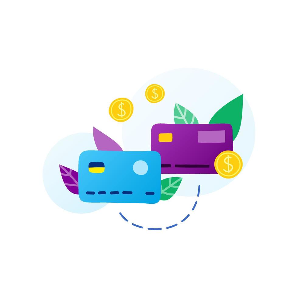 tarjetas bancarias planas y hojas en colores púrpura, azul y verde aisladas en fondo blanco. concepto de transacciones y pagos de dinero. vector