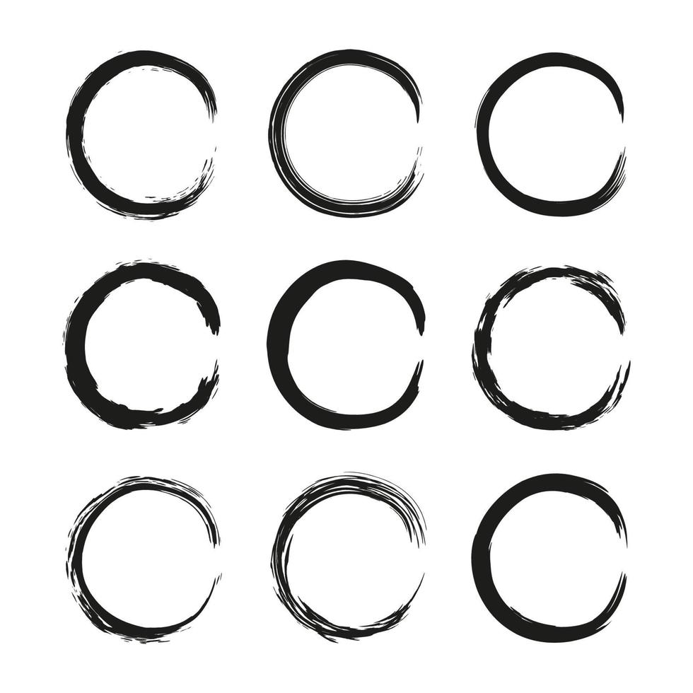 Set of hand drawn black grunge painted round frames isolated on white background. vector