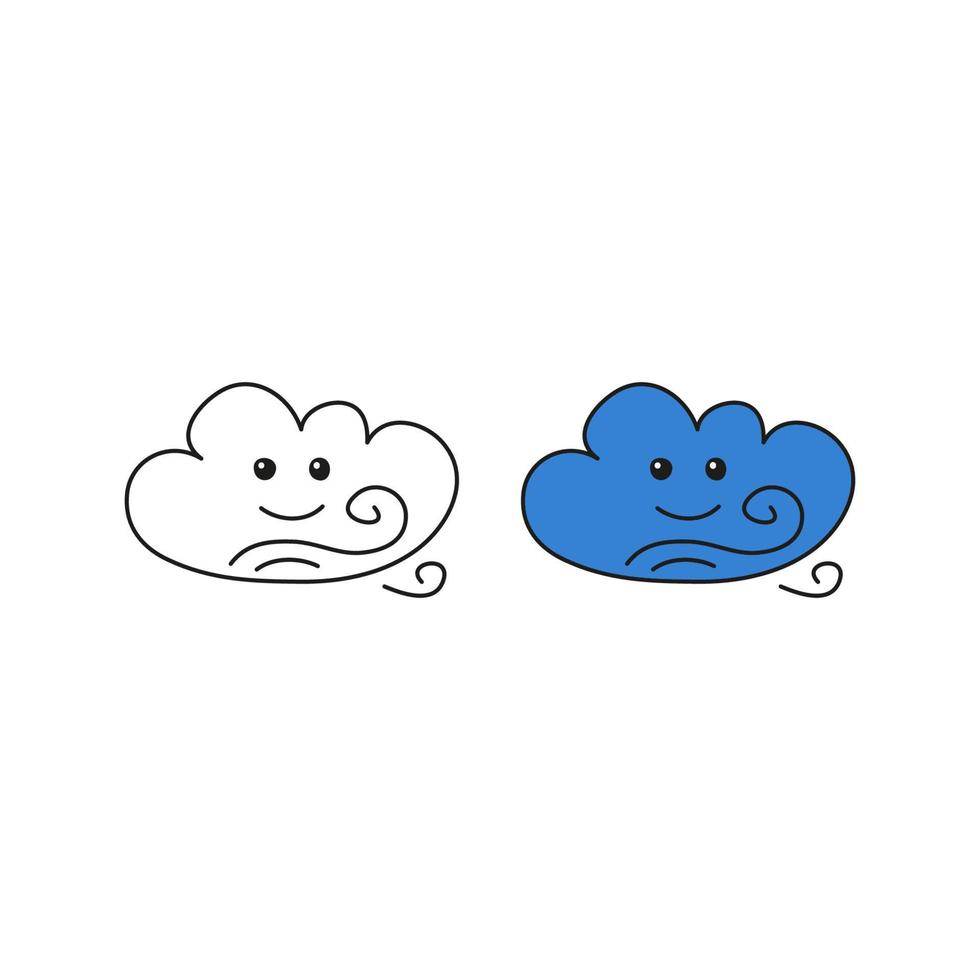 Doodle outline and colored cloud happy character icon isolated on white background. vector