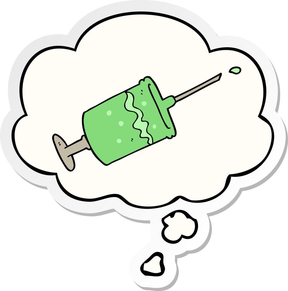 cartoon syringe needle and thought bubble as a printed sticker vector