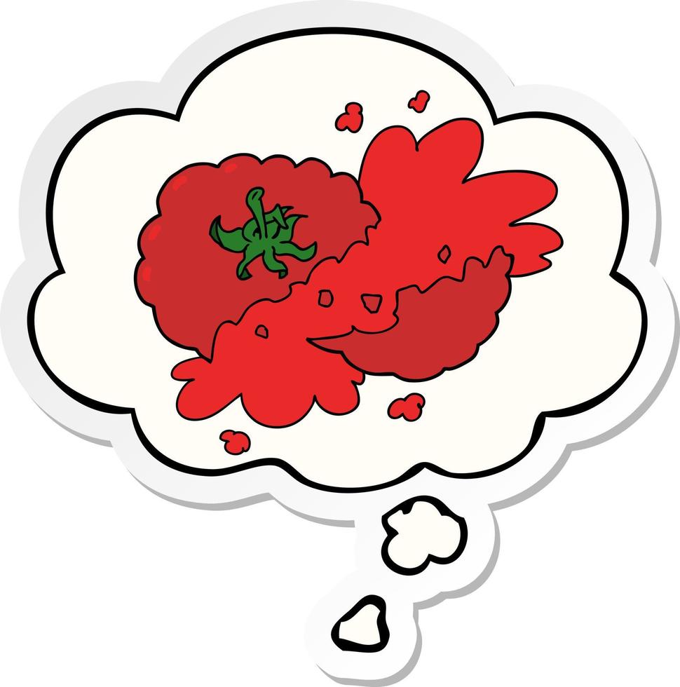 cartoon squashed tomato and thought bubble as a printed sticker vector
