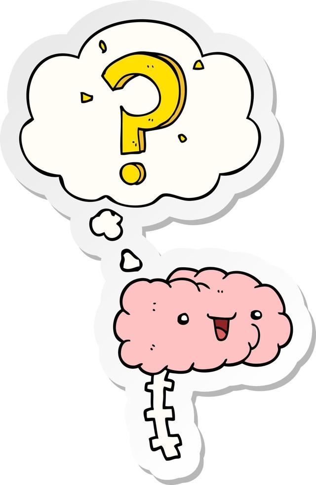 cartoon curious brain and thought bubble as a printed sticker vector