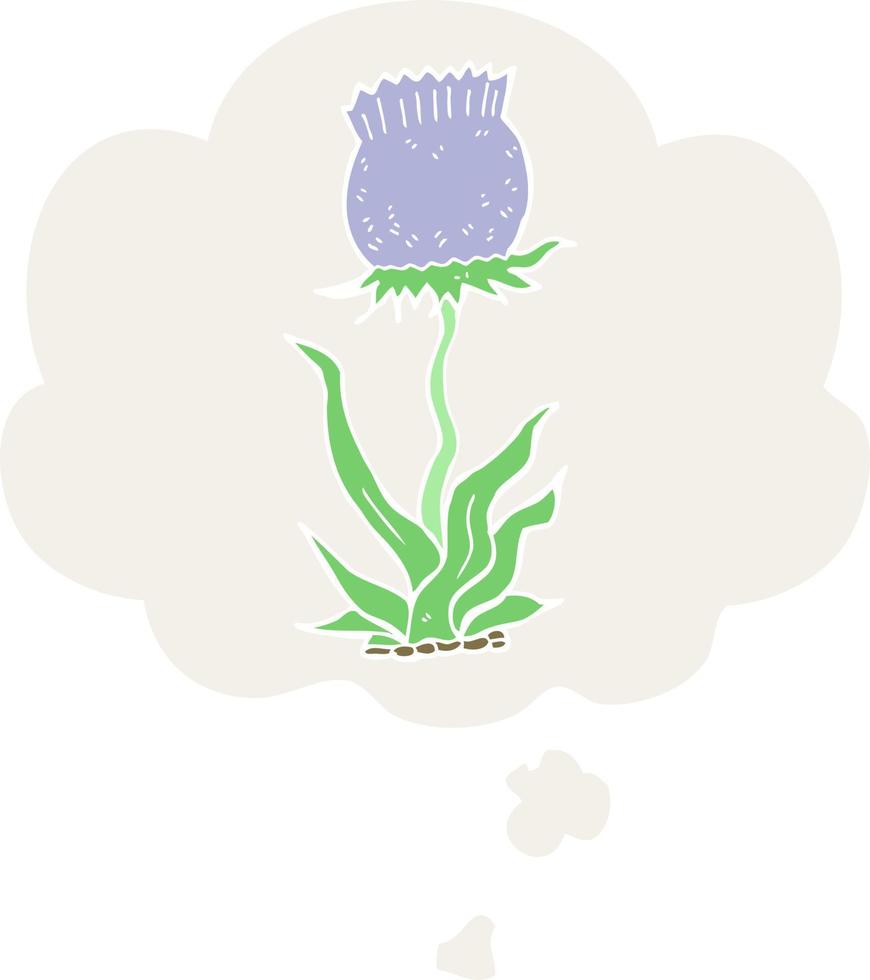 flor silvestre de dibujos animados y burbuja de pensamiento en estilo retro vector