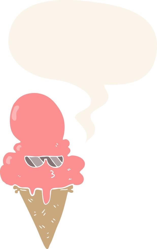 cartoon cool ice cream and speech bubble in retro style vector