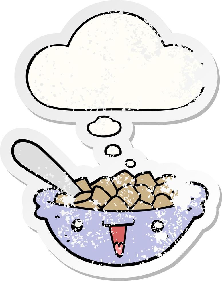 cute cartoon bowl of cereal and thought bubble as a distressed worn sticker vector