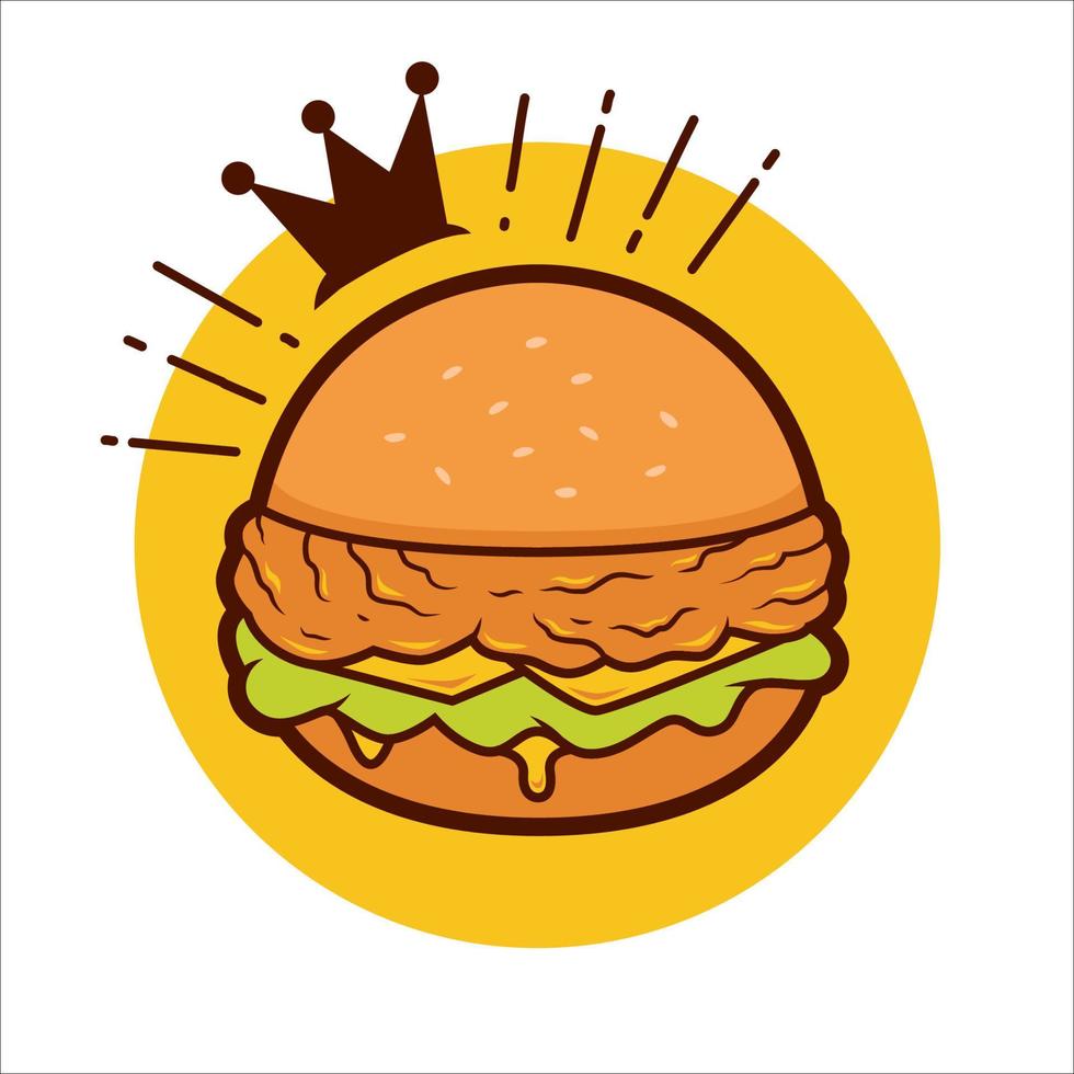 rey de la ilustración del logotipo del icono de hamburguesa de pollo crujiente con corona vector