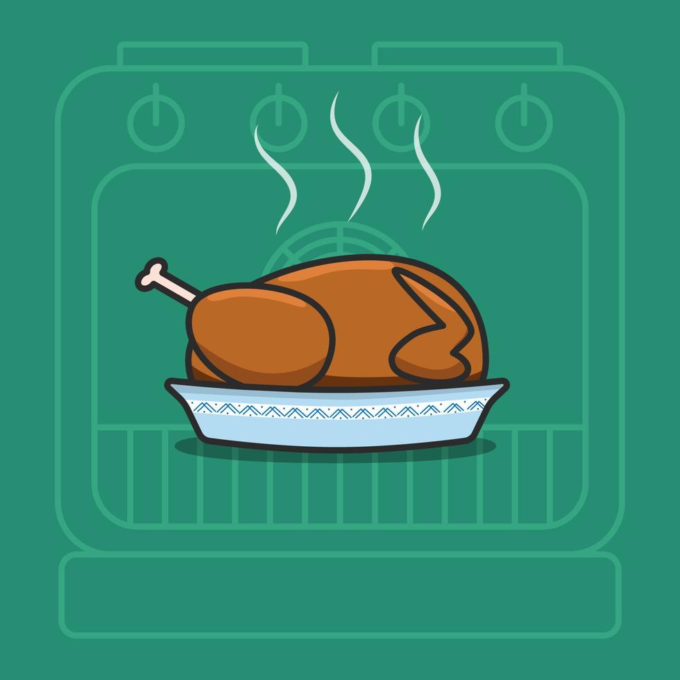 Baked turkey vector illustration for Thanksgiving Day. Cartoon picture of traditional food for Autumn holiday. Green background with oven contour