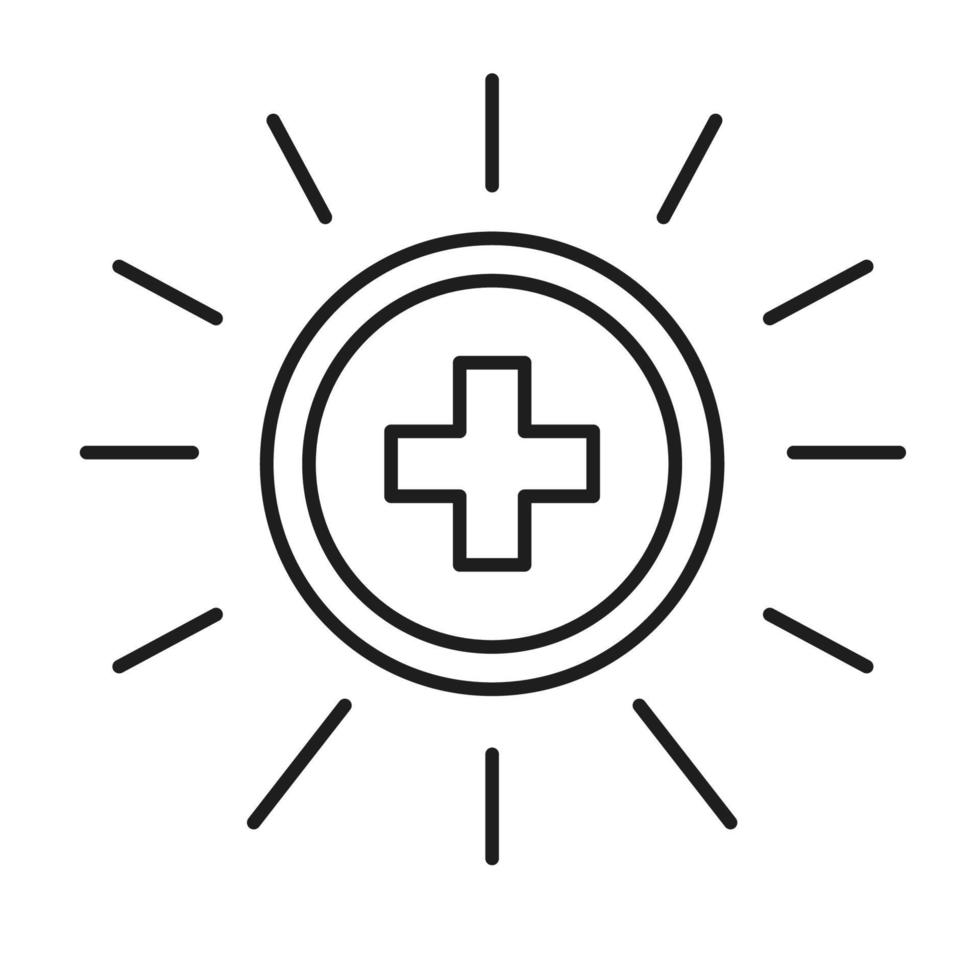 Isolated vector dark grey icon shield with a cross on the white background. Line art pictogram for game, design and illustrations