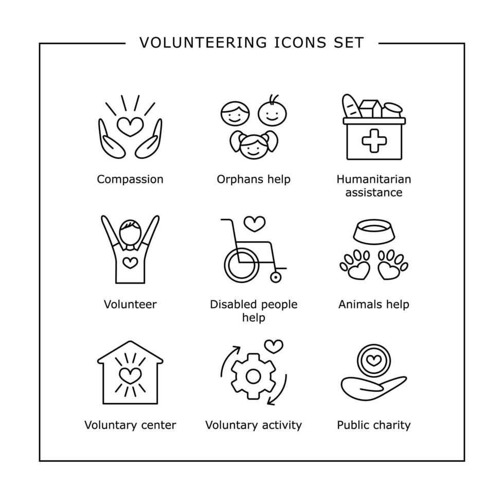 Set of vector linear volunteering icons. Isolated outline pictograms of humanitarian assistance and voluntary activity