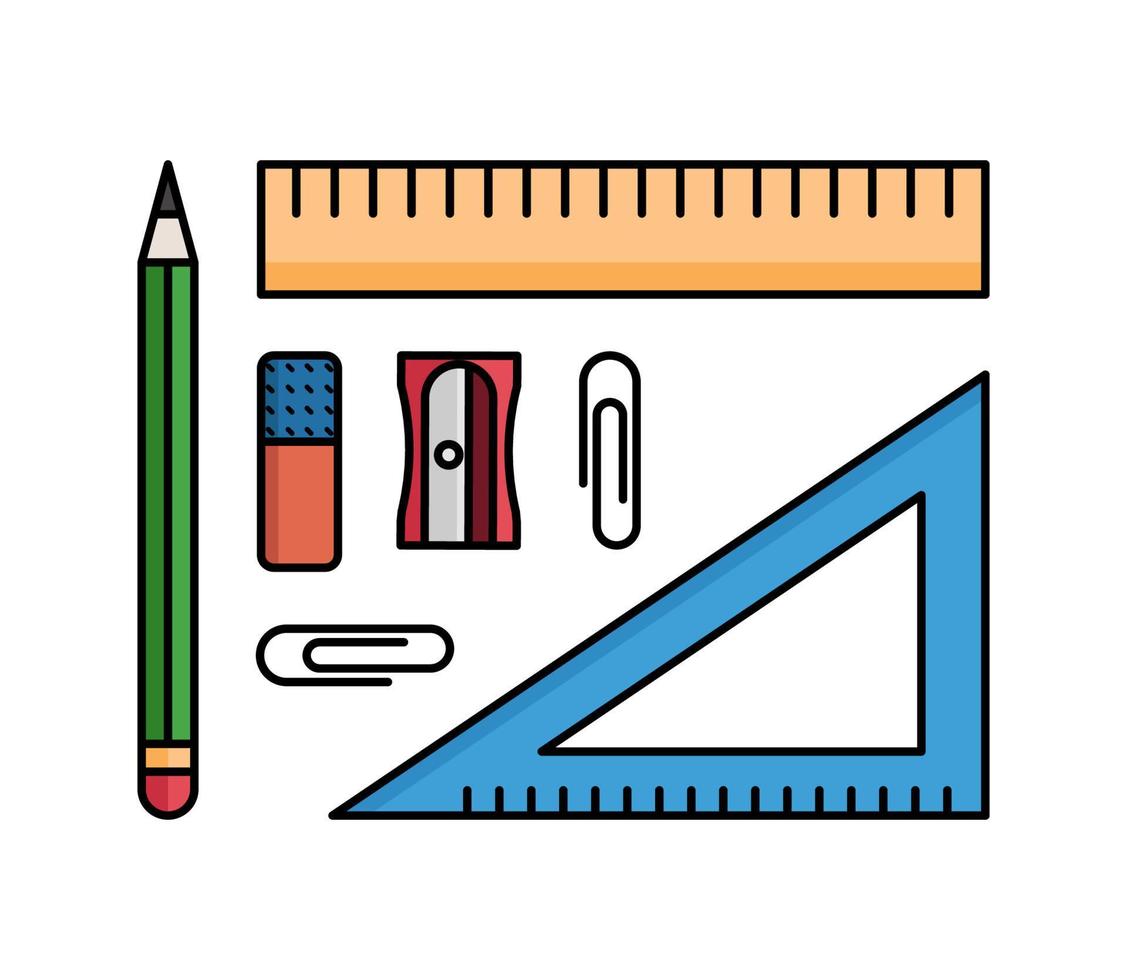 Vector office supplies. Set of isolated stationary items on the white background. Ruler, pencil, pencil sharpener, clips