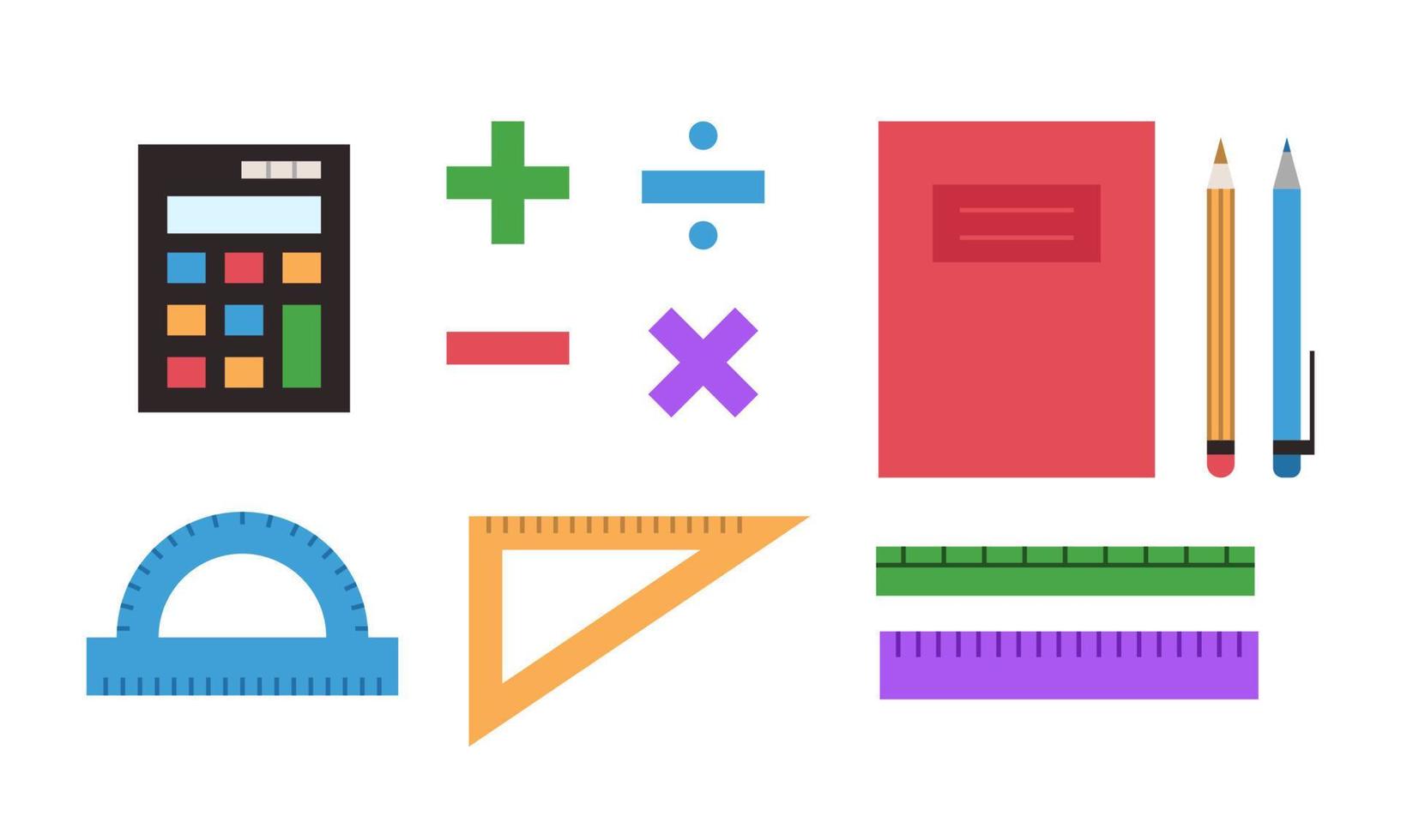 conjunto de útiles escolares coloridos vectoriales. colección de papelería aislada sobre fondo blanco. símbolos matemáticos, regla, calculadora. vector