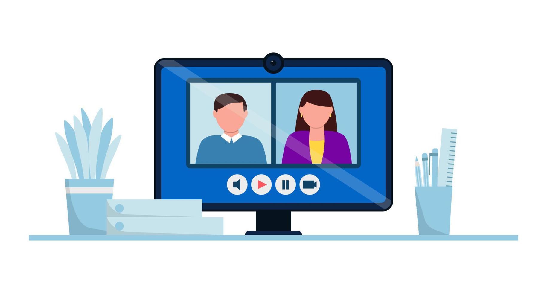 Online conference vector illustration. Job interview by web camera. Computer monitor with people on the screen