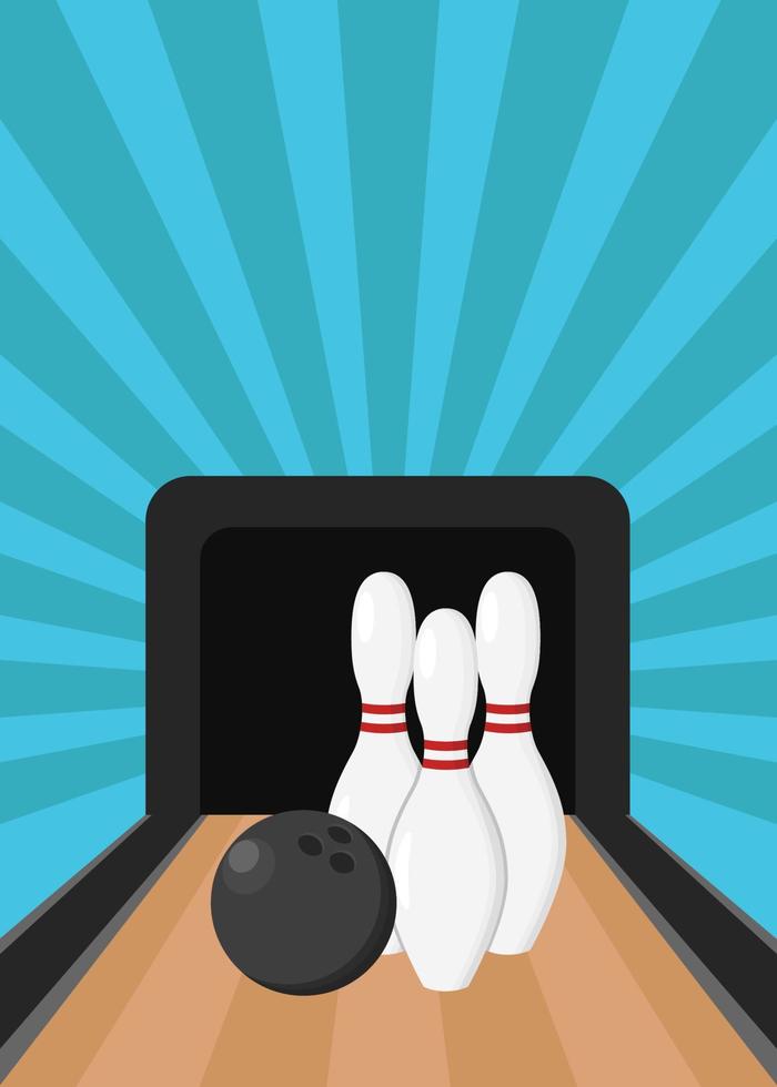Vector bowling pins and ball on lane. Blue background with stripes. Bowling tournament banner