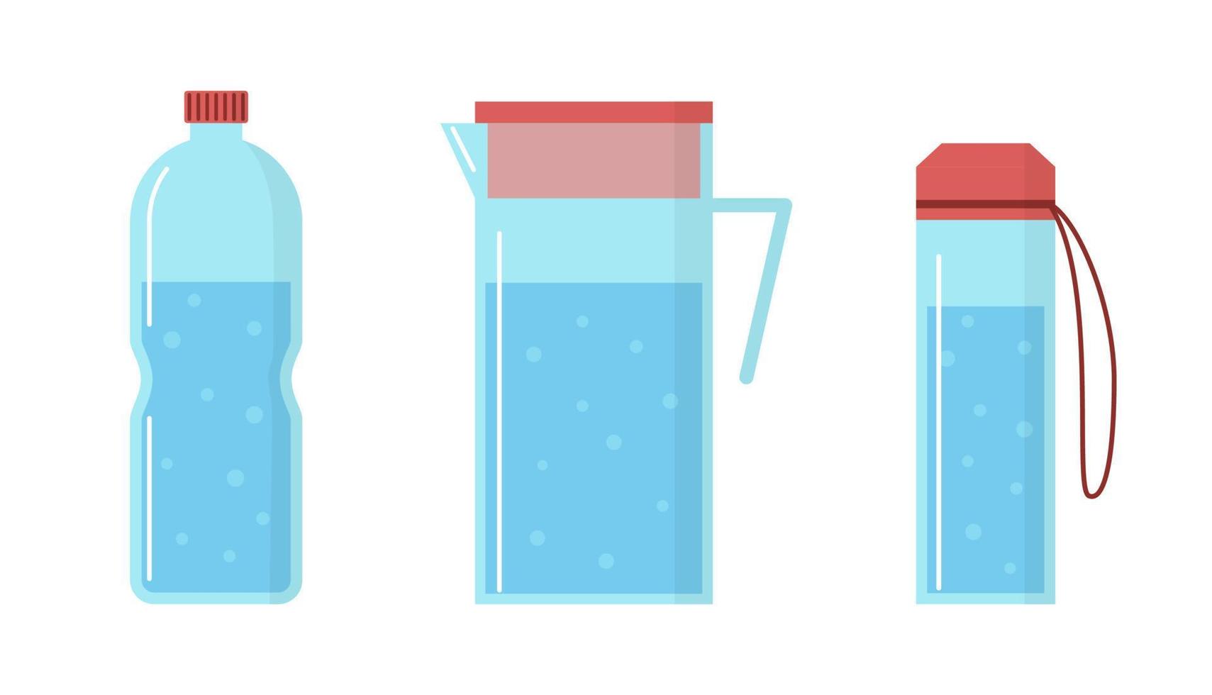 botellas vectoriales de agua y jarra llena sobre fondo blanco. bebiendo agua dulce con burbujas en estilo plano vector