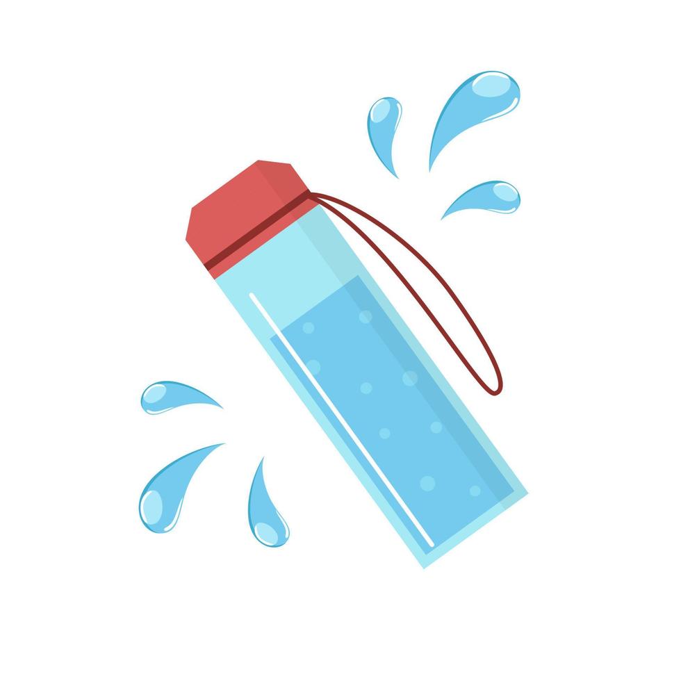 Vector glass bottle with water. Flat blue capacity with liquid. Water splash around the flask.