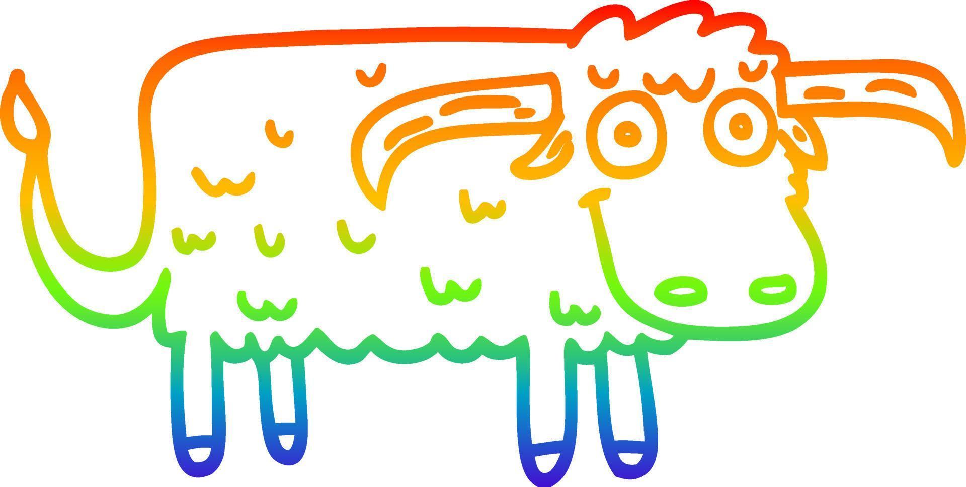 rainbow gradient line drawing cartoon hairy cow vector