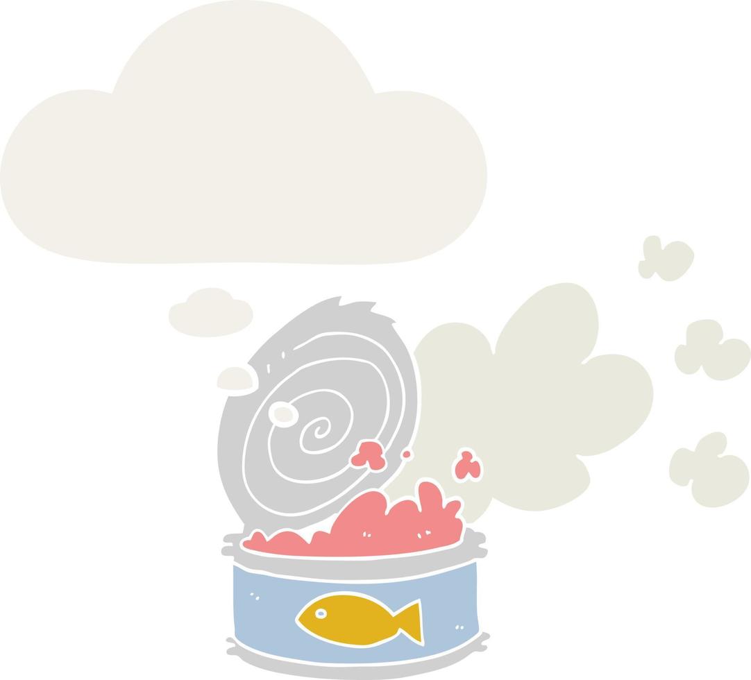 cartoon smelly can of fish and thought bubble in retro style vector
