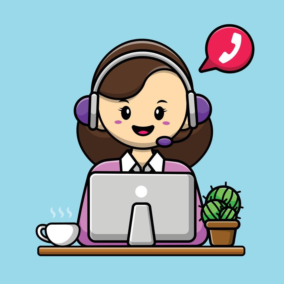 servicio al cliente de mujer trabajando en una computadora portátil con auriculares. gente tecnología icono concepto aislado premium vector