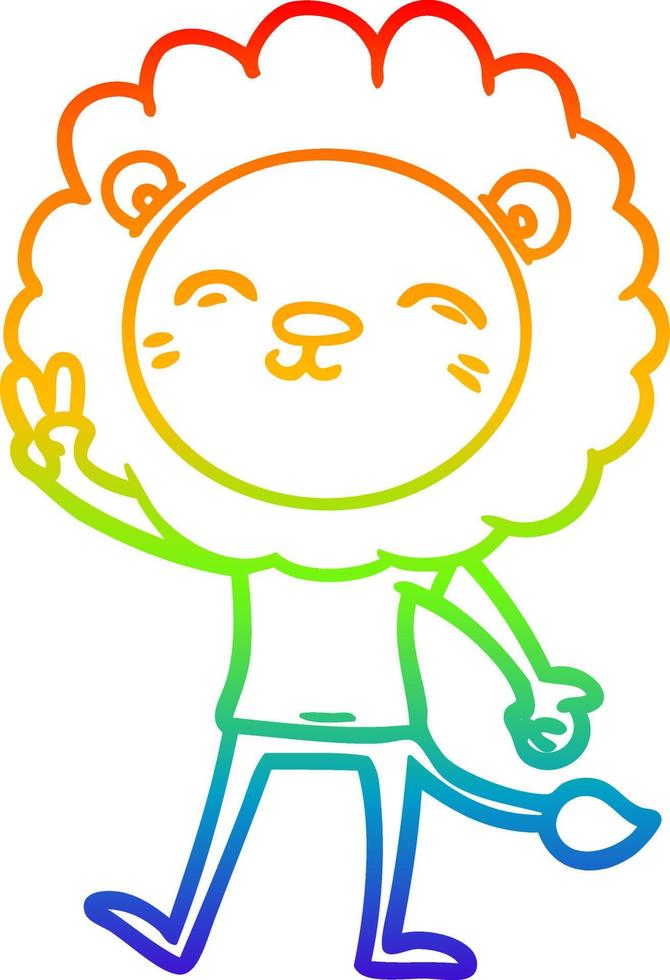 rainbow gradient line drawing cartoon lion giving peac sign vector