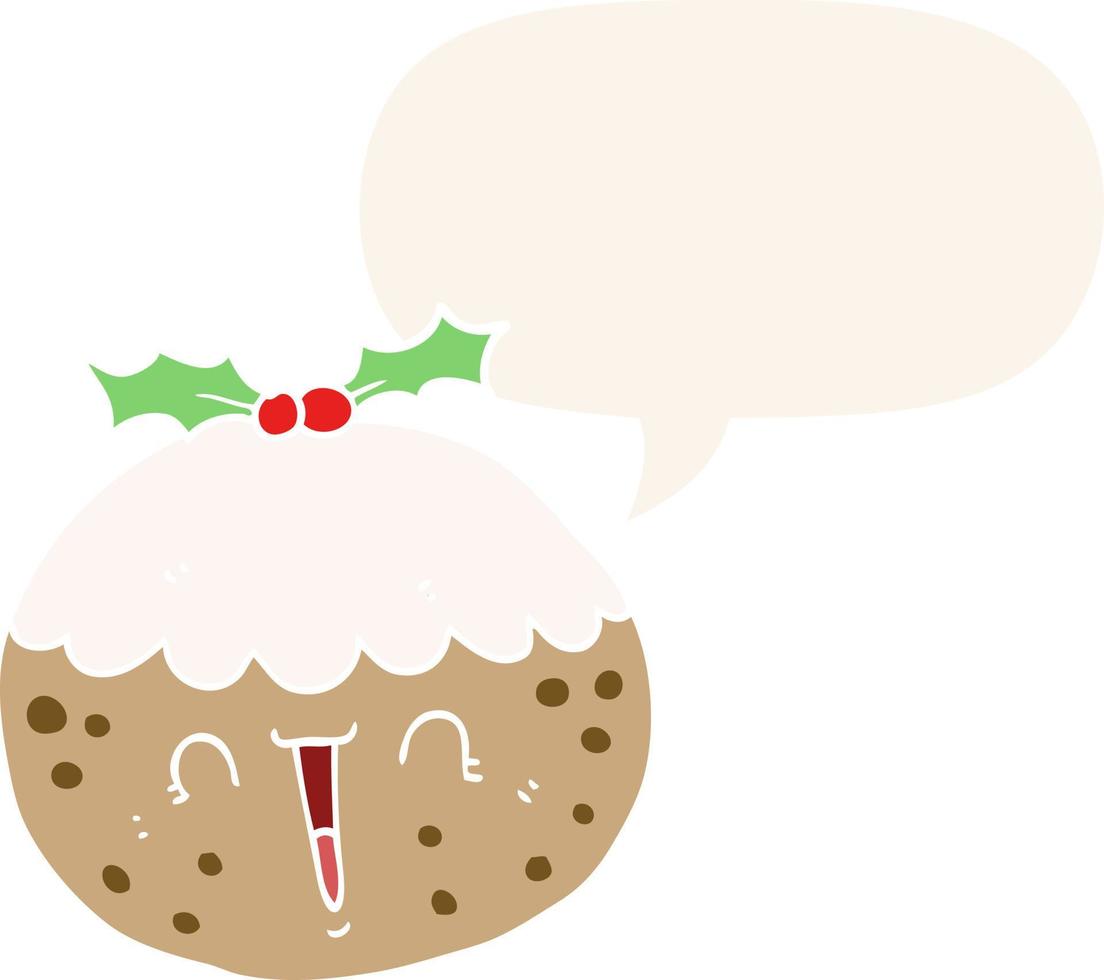 lindo pudín de navidad de dibujos animados y burbuja de habla en estilo retro vector