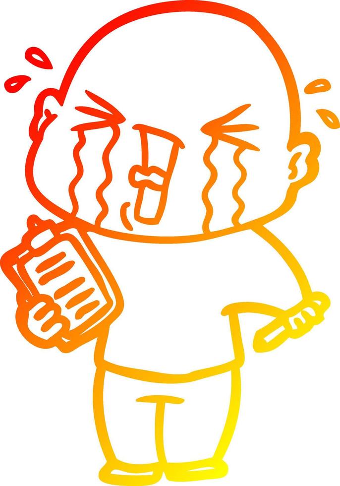 warm gradient line drawing cartoon crying man with clipboard vector