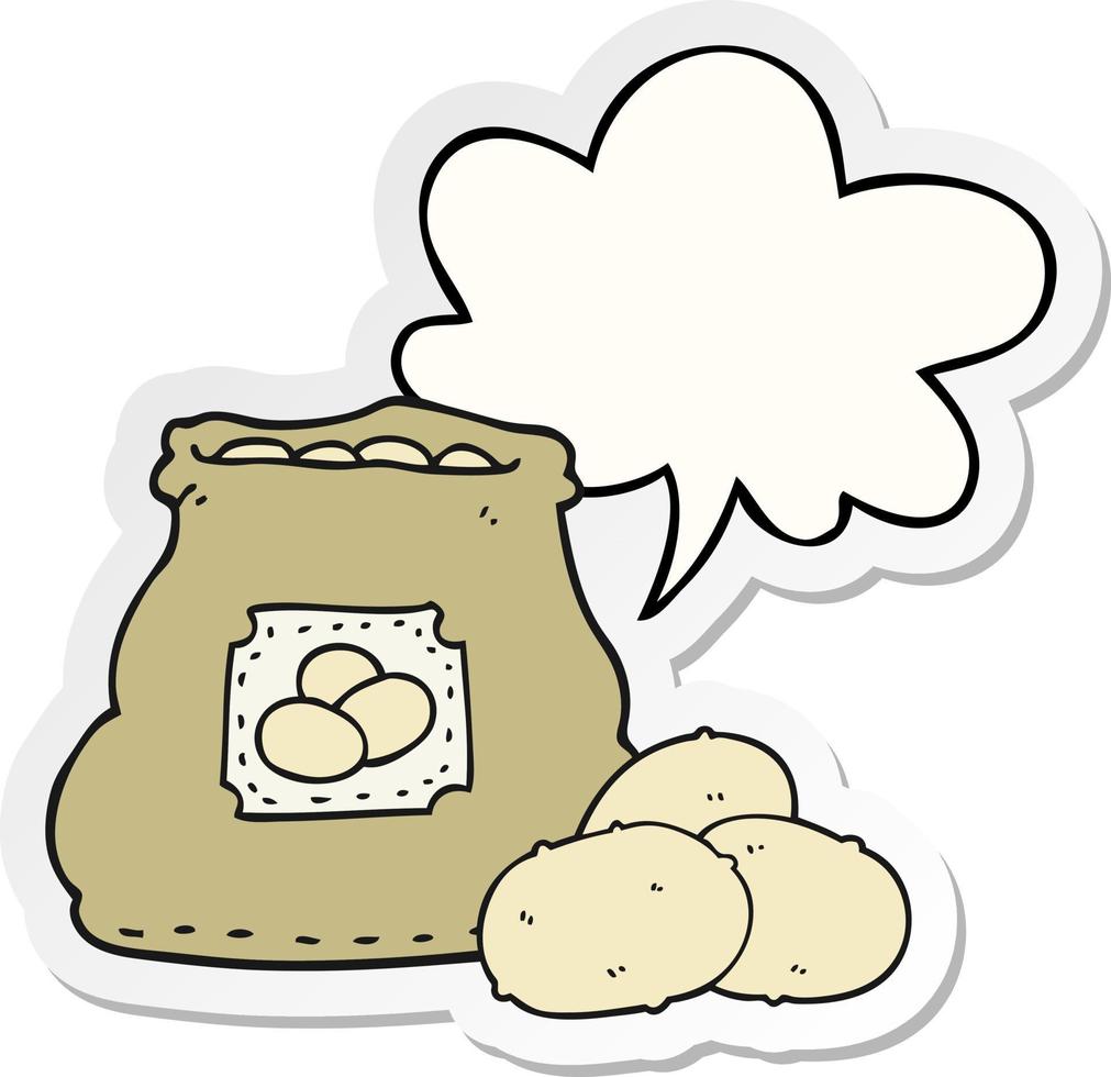 cartoon bag of potatoes and speech bubble sticker vector
